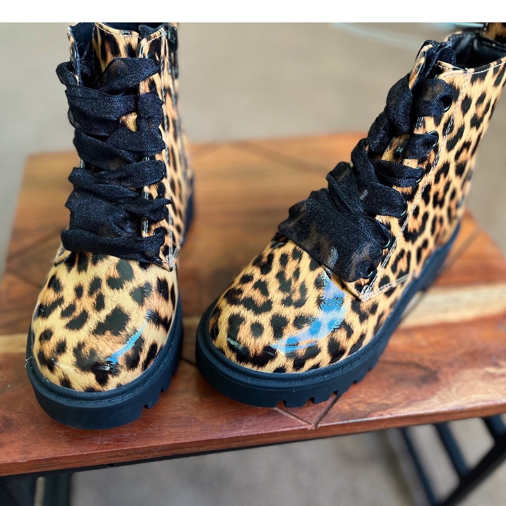 Art Class Kids Leopard Print Patent Combat Boots Ribbon Laces Side Zip Size 13 - Picture 7 of 8
